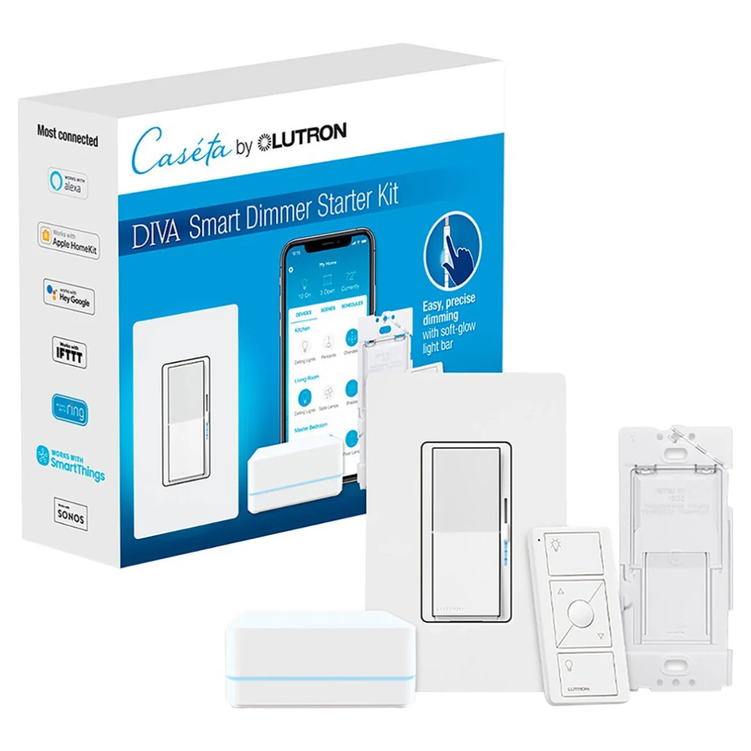 Lutron Diva Smart Dimmer Switch Starter Kit for Caséta Smart Lighting | DVRF-BDG-1DP | White