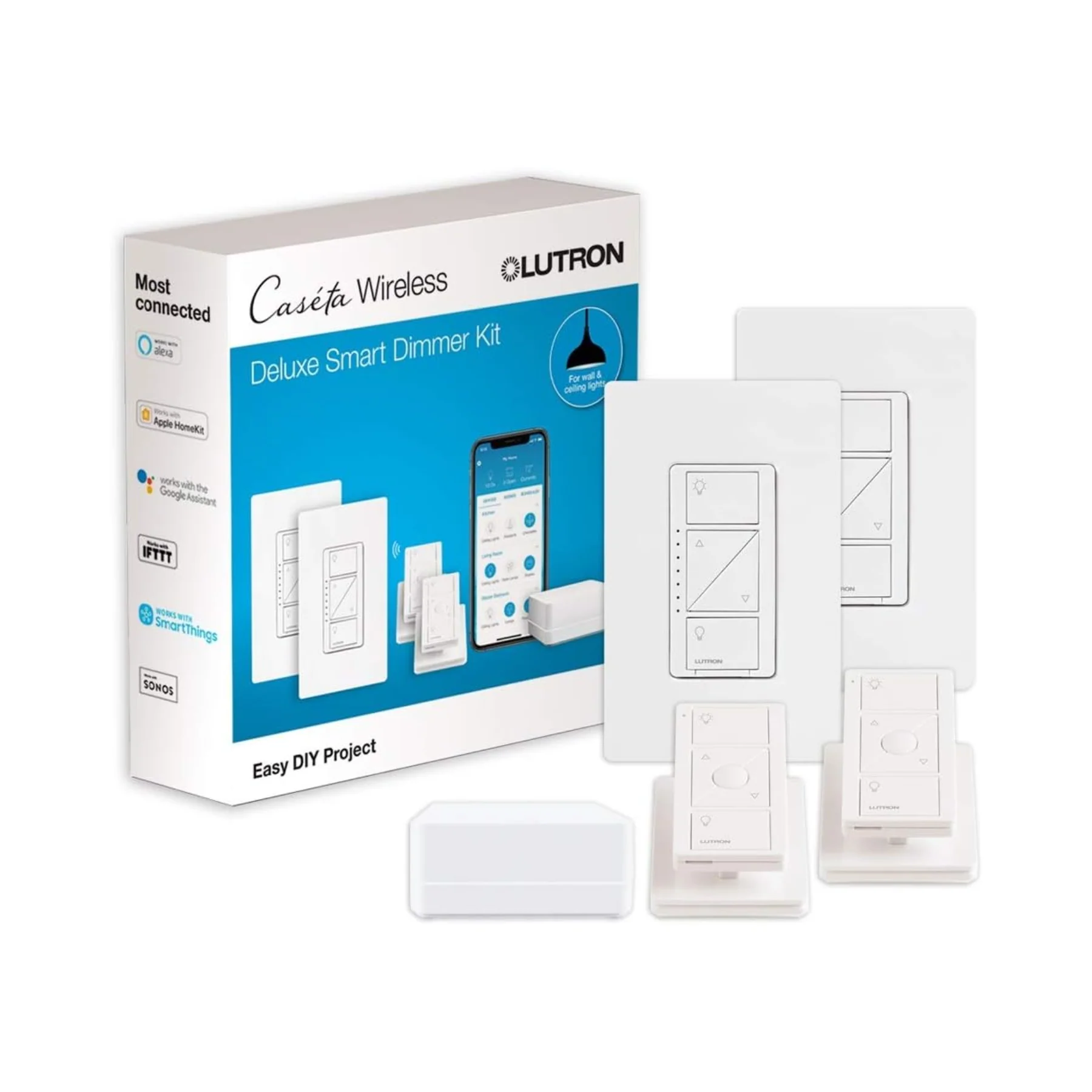 Lutron Caseta Deluxe Smart Dimmer Switch (2 Count) Kit with Caseta Smart Hub | P-BDG-PKG2W | White - Clearance / Open Box