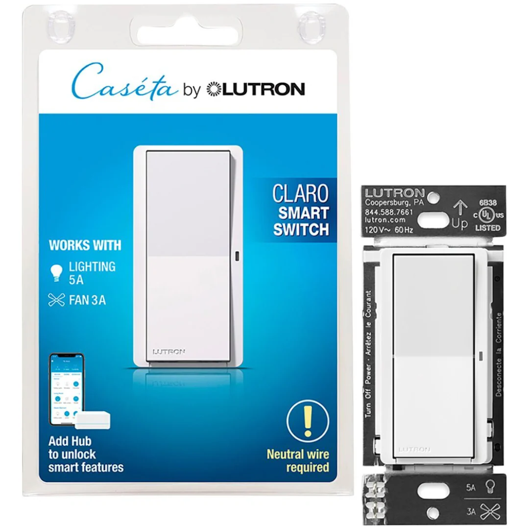 Lutron Claro Smart Switch for Caséta Smart Lighting | Neutral Wire Required | DVRF-5NS-WH | White